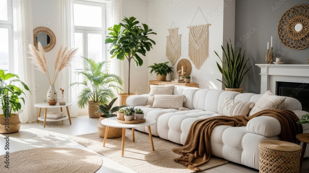 Naklejka premium Bright and cozy living room with natural decor