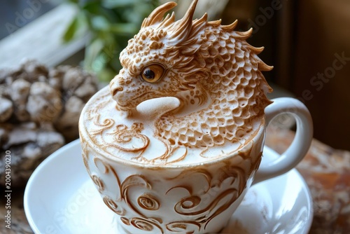 Latte art featuring a 3D dragon design made from foam, a creative coffee concept