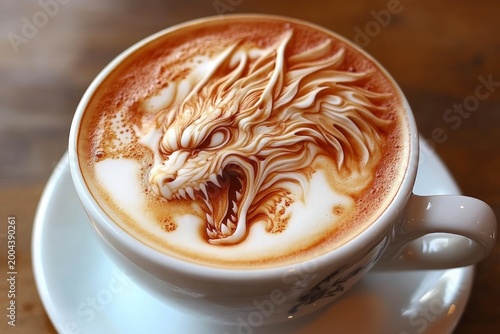 Latte by a barista with a detailed dragon design in the foam, premium-grade coffee,  a creative serving concept  