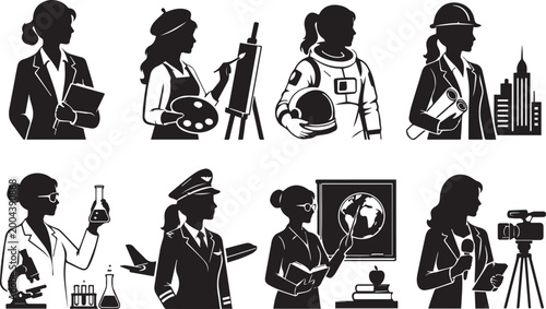 Women Careers and Professional Roles Silhouettes Set