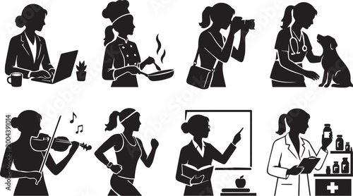 Silhouettes of Women in Diverse Professions and Career Roles
