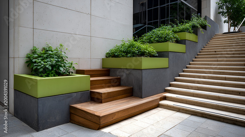 Modern outdoor staircase and planter with clean lines, green accents and wooden steps, illustrating urban design and functional architecture.