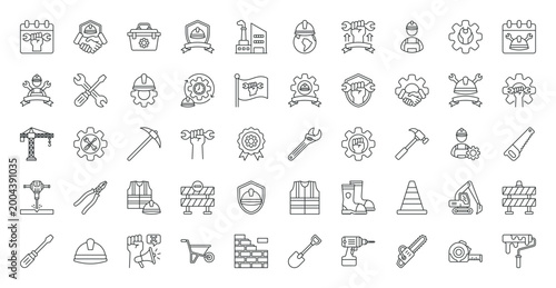 Labor Day icon set. Activism, international labor day, flag, engineer, operator, agreement, toolbox, safety, factory, worker, industrial, road block, protest and more. Outline vector icons collection