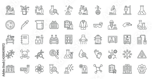 Laboratory icon set. Experiment, research, formula, analysis, test, equipment, chemical, microscope, bunsen burner, flask, petri dish, pipette, beaker and more. Outline vector icons collection