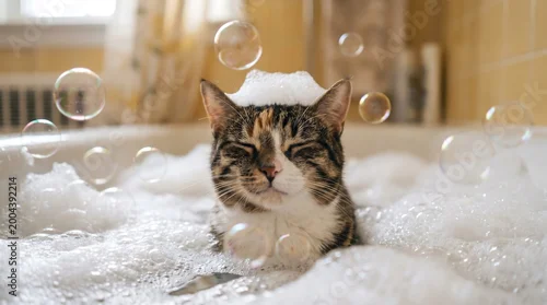 Fototapeta na wymiar Tabby cat sitting in a bubbly foam-filled bathtub during grooming.