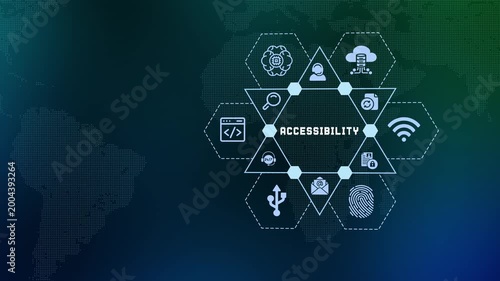  Digital accessibility and inclusive design concept with technological icons for web standards on a blue background with world map.
