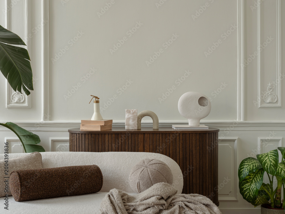 Fototapeta premium Minimalist living space with modern furniture and elegant decor, creating a peaceful and sophisticated interior design