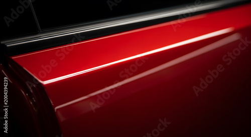 Glossy red car door panel edge with sleek black trim in dark background