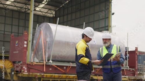Two engineers collaborate on supply chain logistics, inspecting a large industrial tank shipment at a freight depot to ensure transport safety.
