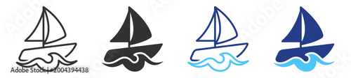 Travel and tourism sailing boat icon bundle with sea ocean sailboat yacht wave and marine transport symbols in linear style on transparent background