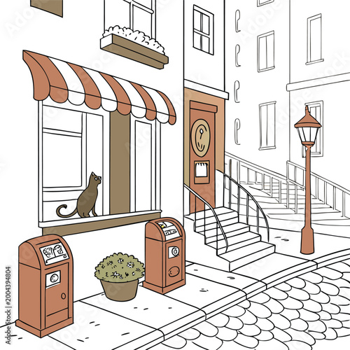 Foto Vector illustration of a cat sitting in a shop window, urban city street scene w