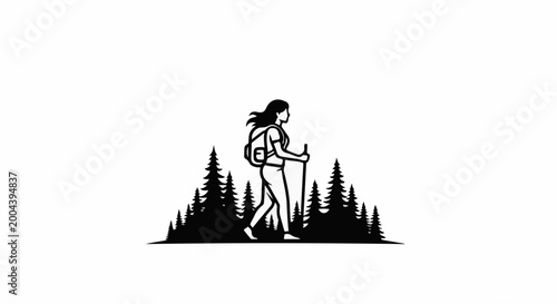 Stylized silhouette of a person hiking through a pine forest