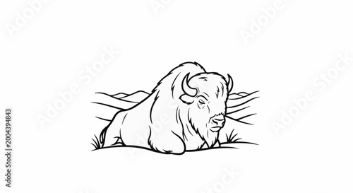 Stylized line drawing of a resting bison in a field under rolling hills