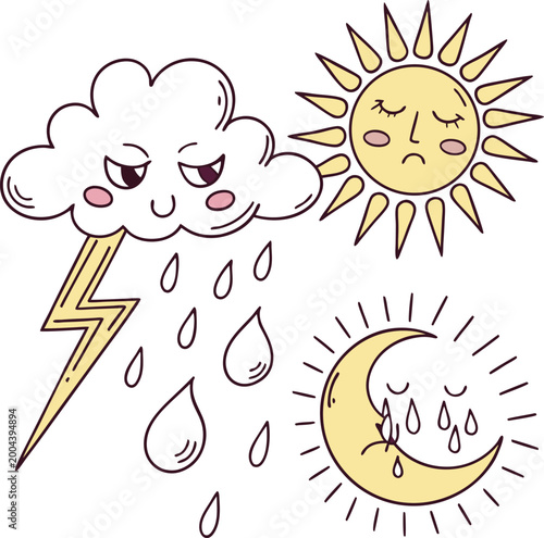 Fotografie Weather icons, emotive sun, cloud, and moon illustrations, rain, storm, vector g