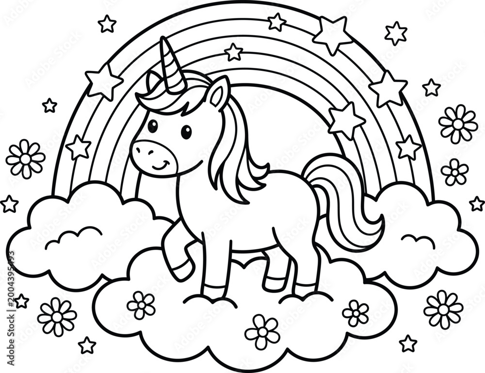 Fototapeta premium Cute unicorn coloring page for kids with rainbow stars and flowers in a magical sky high resolution.