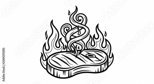 A stylized black and white illustration of a steak cooking on a grill with flames