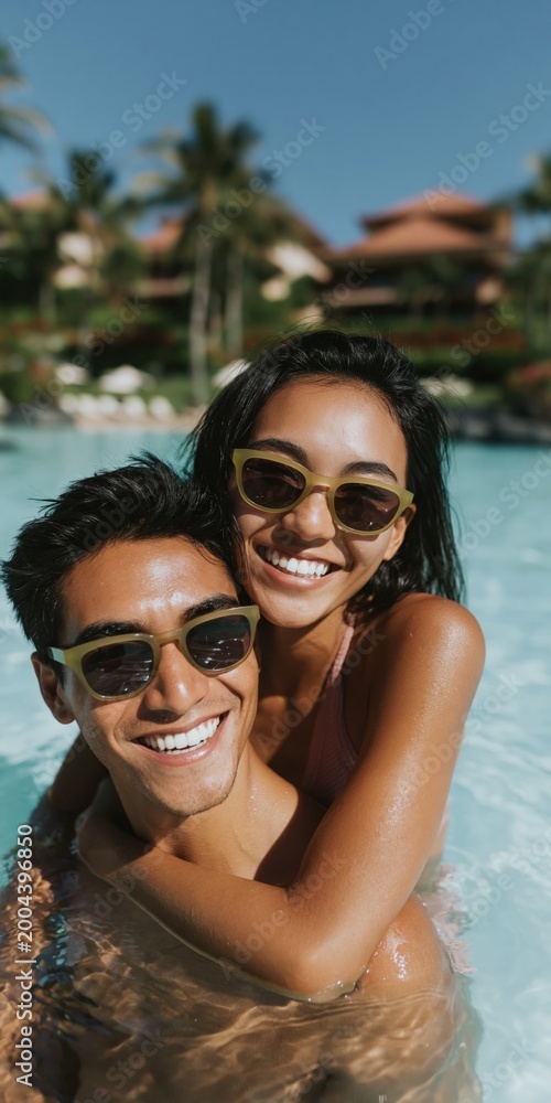Fototapeta premium Young couple smiling and hugging in resort swimming pool