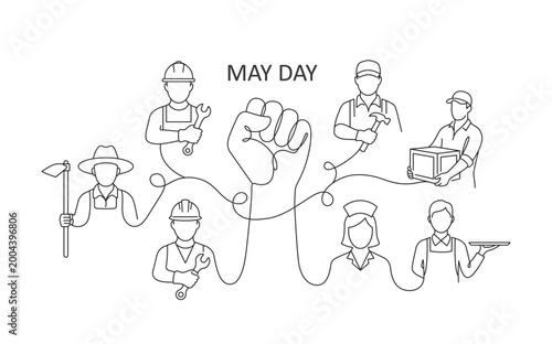 may day workers line illustration labor day concept raised fist worker icons minimal outline vector isolated png