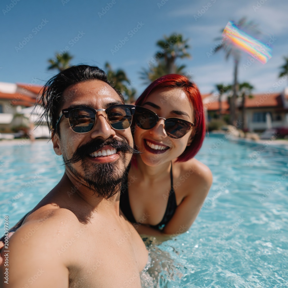 Obraz premium Smiling couple posing for selfie in resort swimming pool