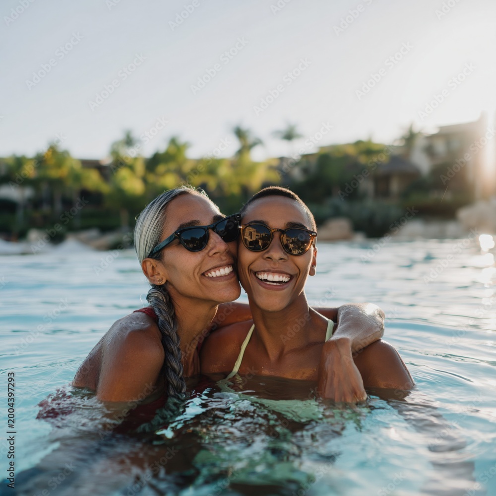 Fototapeta premium Two women embracing and smiling in resort swimming pool