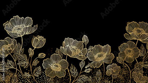 Vector gold floral pattern, elegant line art flowers and leaves, luxury background. Modern design border, frame, wedding cards, branding and decorative template Stock Vector