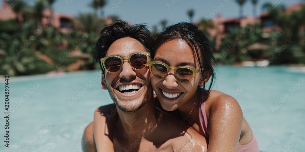 Obraz premium Young couple smiling together while standing in pool