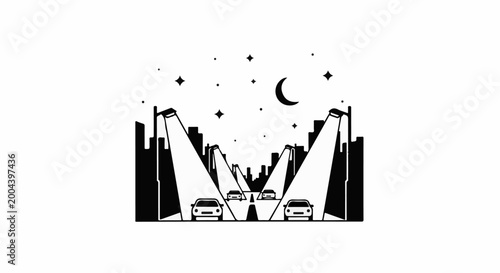 Cars driving down a street illuminated by streetlights under a night sky
