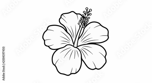 Simple black and white line art drawing of a hibiscus flower