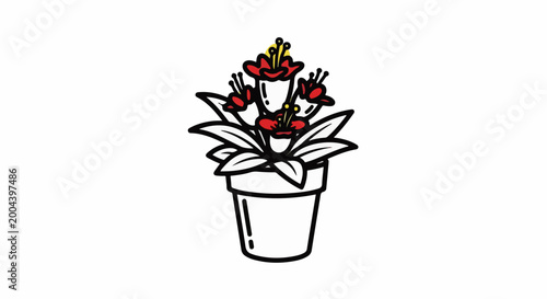 Simple cartoon illustration of a potted plant with red flowers and yellow accents