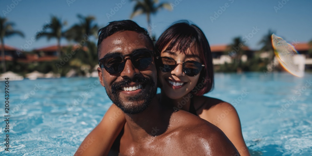 Obraz premium Smiling couple embracing while in resort swimming pool