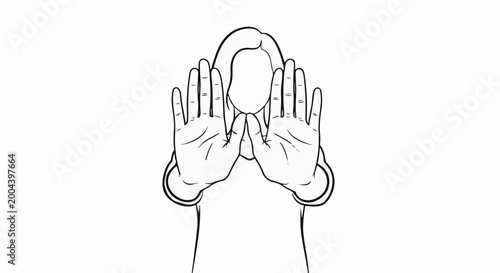 Person with hands held up in front of face, signaling stop