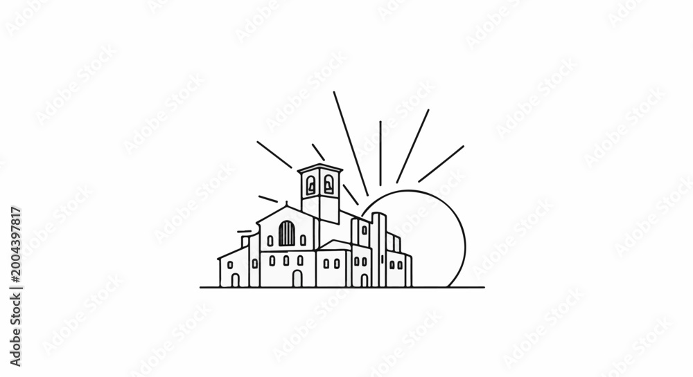 Naklejka premium Outline of a bell tower and buildings beneath a sunburst