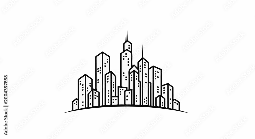 Obraz premium Stylized black and white line art depiction of a modern city skyline