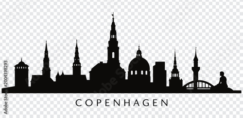 Black silhouette of copenhagen city skyline with various towers and spires