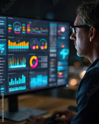 Data Analyst's Focus: A focused analyst is seen from behind, meticulously studying an array of complex data visualizations on his monitor. He's diving deep into the intricate world of data.