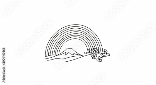 Stylized mountain peak under a bright rainbow with blossoming branches
