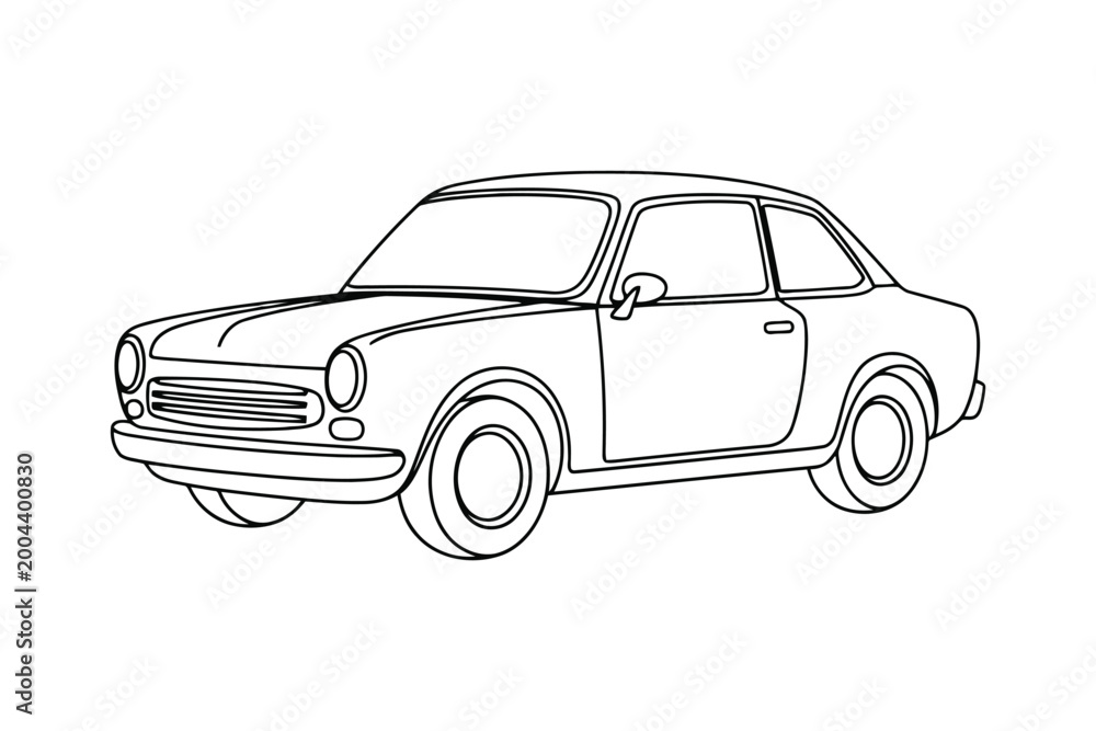 Fototapeta premium Black and white line of a classic vintage car with round headlights and simple classic car line round headlights