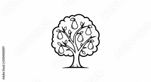 Stylized tree with multiple pears and leaves, outlined in black
