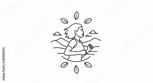 Woman running outdoors, surrounded by leaves and mountains