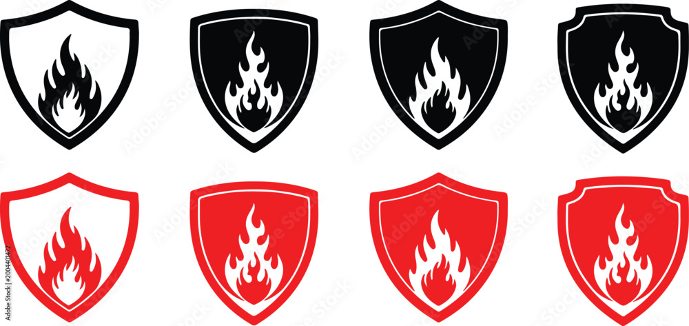Fototapeta premium Fire icon shield designs vector graphics for safety warning and emergency concepts