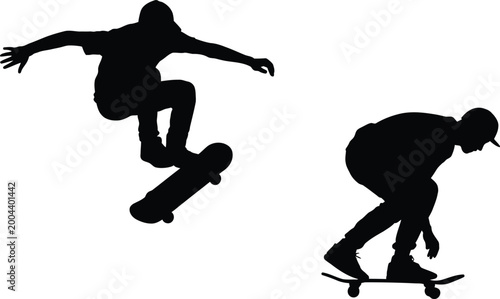 Fotografia Two individuals skateboarding black silhouette vector illustration isolated on transparent background design