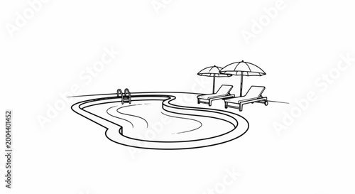 A black and white sketch of a swimming pool with lounge chairs and umbrellas