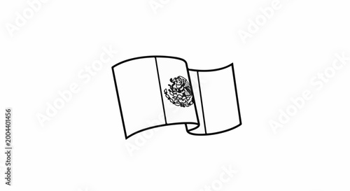 A black and white line drawing of a wavy flag with an emblem