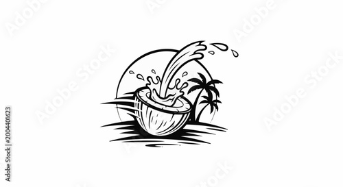 A black and white illustration of a coconut with water splashing out