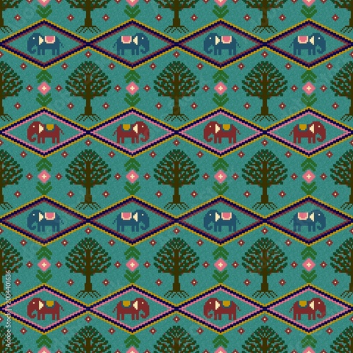Seamless pixel art pattern featuring elephants and trees in a traditional ethnic style