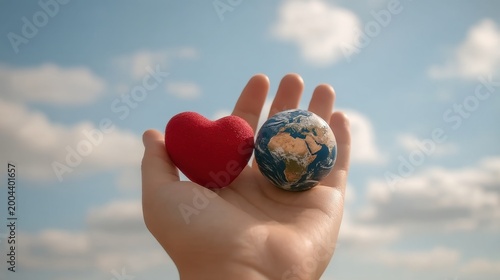 Hand Holding Heart Symbol and Earth Globe Representing Love for Planet and Humanity Under Blue Sky with Clouds