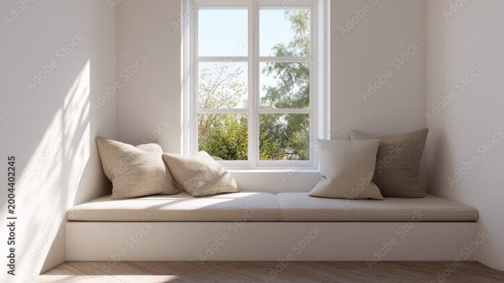 Fototapeta premium minimal window seat with bookshelves and one plant, off-white cabinetry, simple wall paneling, soft diffused daylight, clean composition