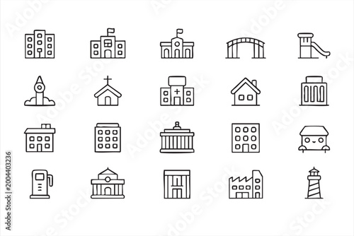 Urban Infrastructure Icon Set, Building Architecture Line Symbols for City Services