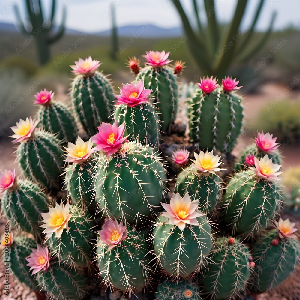 Obraz premium Vibrant Desert Bloom Featuring Flowering Cacti In Arid Landscape