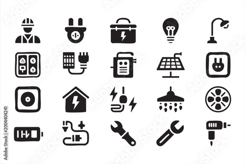 Schilderij op canvas Electricity Energy Icons, Power Systems and Electrical Equipment Line Symbols